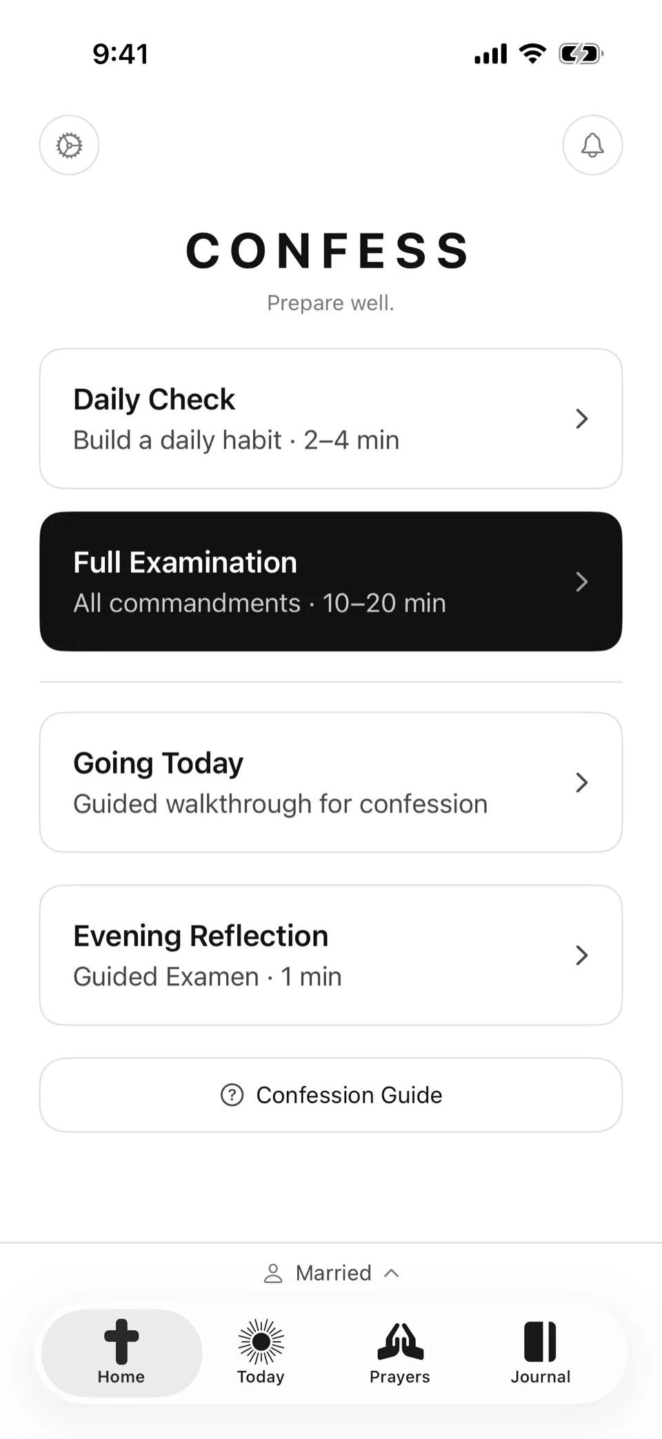 The Confess. home screen, with Daily Check, Full Examination and Going Today