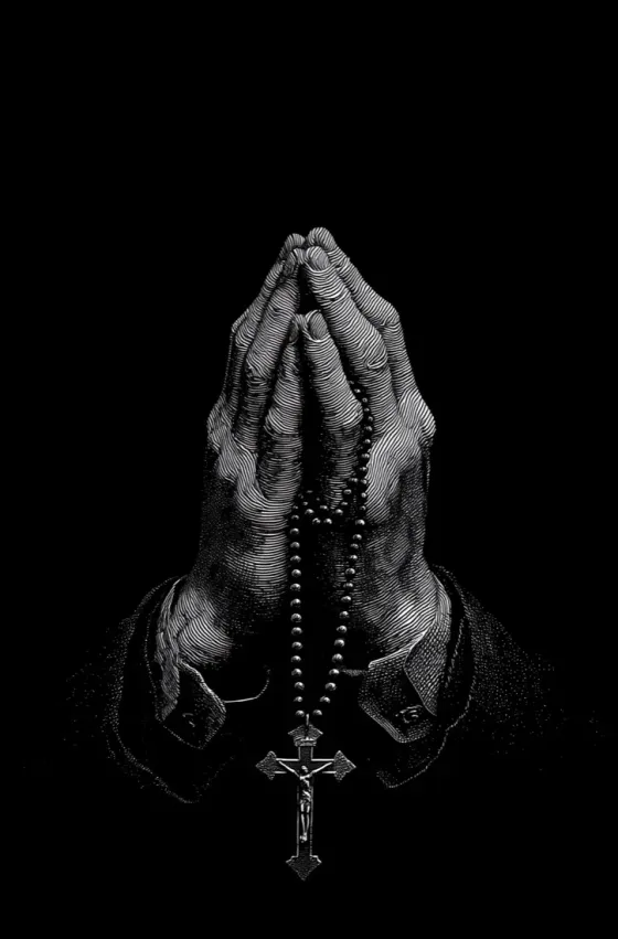 Engraving of praying hands holding a rosary